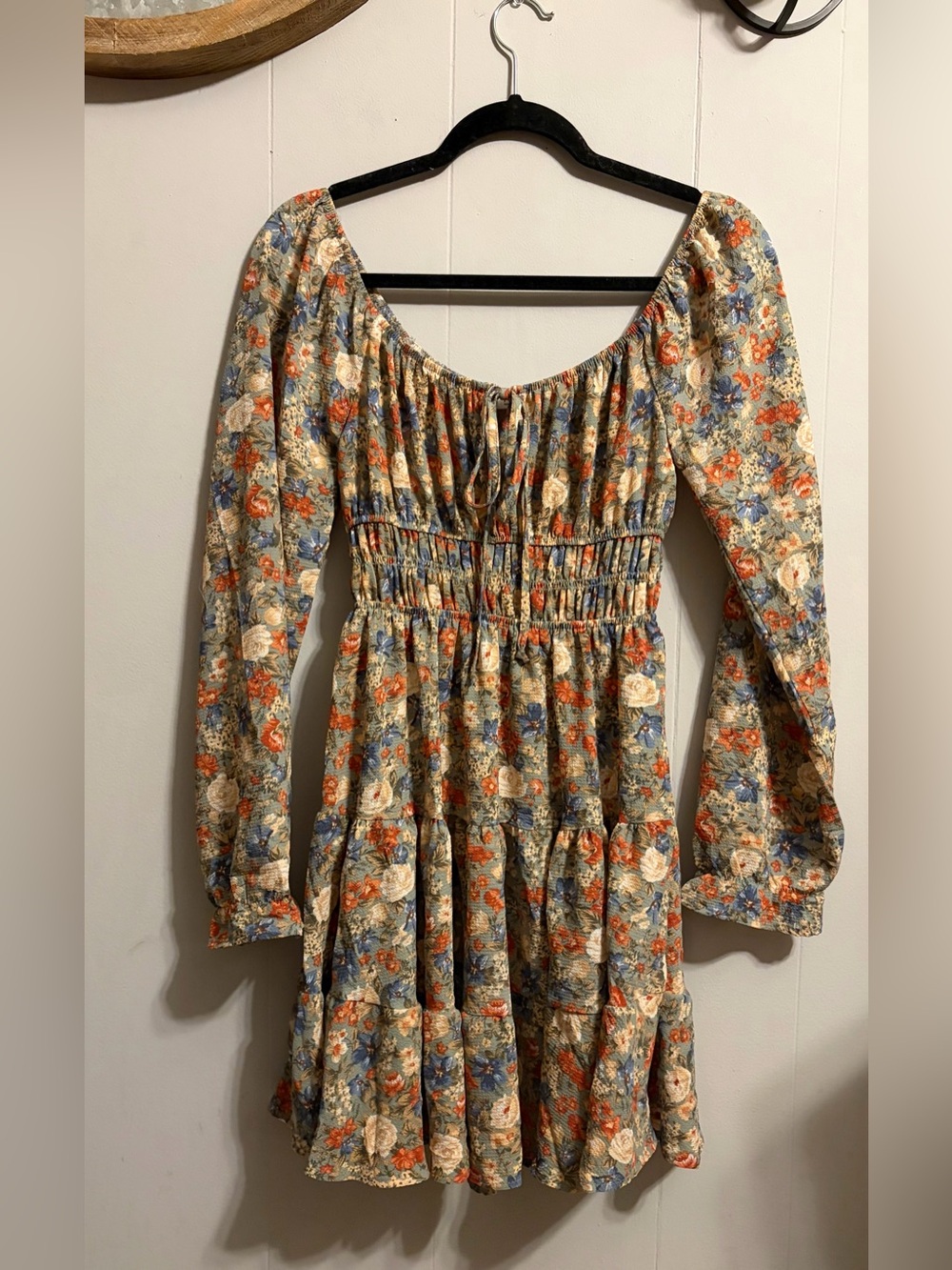 Smocked Waist Long Sleeve Floral Mini Dress in Cream, Blue & Orange